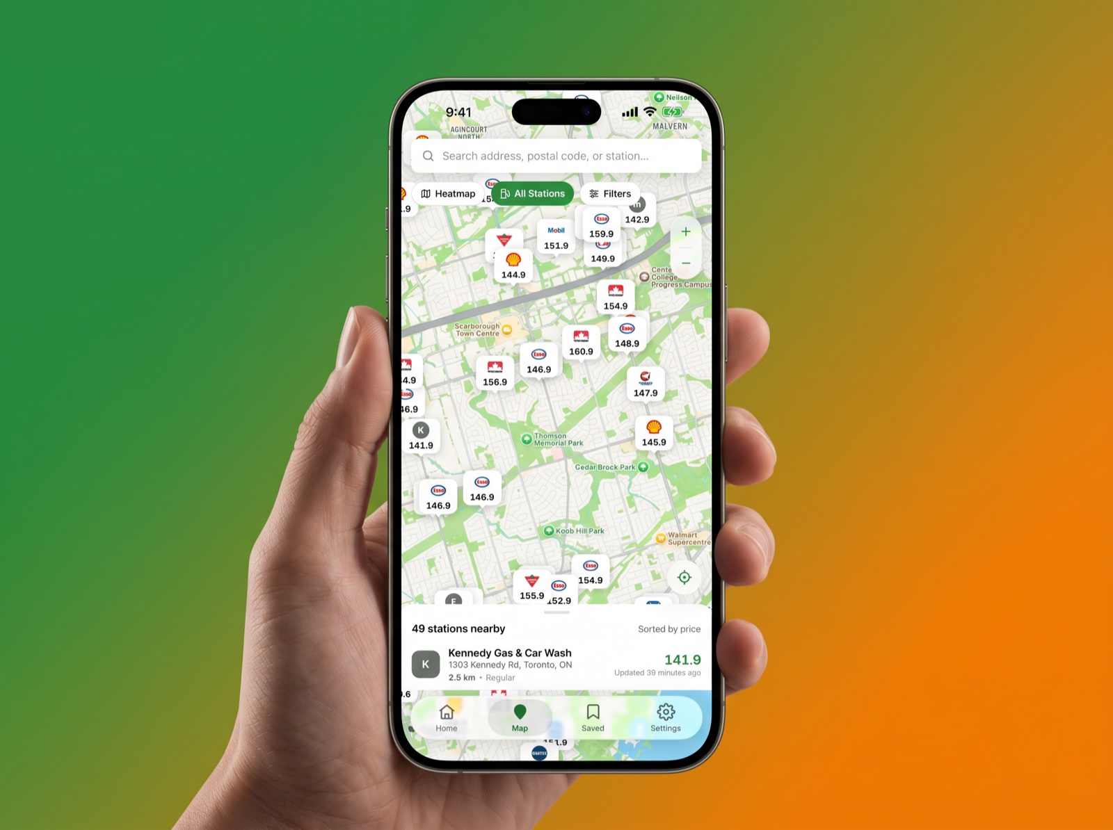 GasMap app on a phone showing a map of nearby gas stations with real-time gas prices